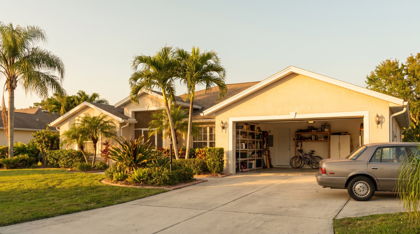 A suburban Florida driveway and garage exterior