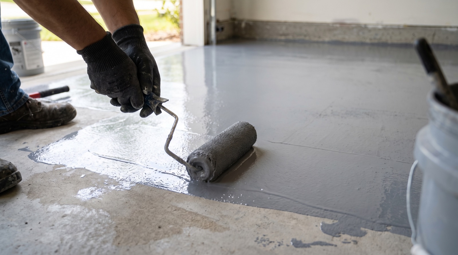 Bare concrete meeting wet epoxy coating during application