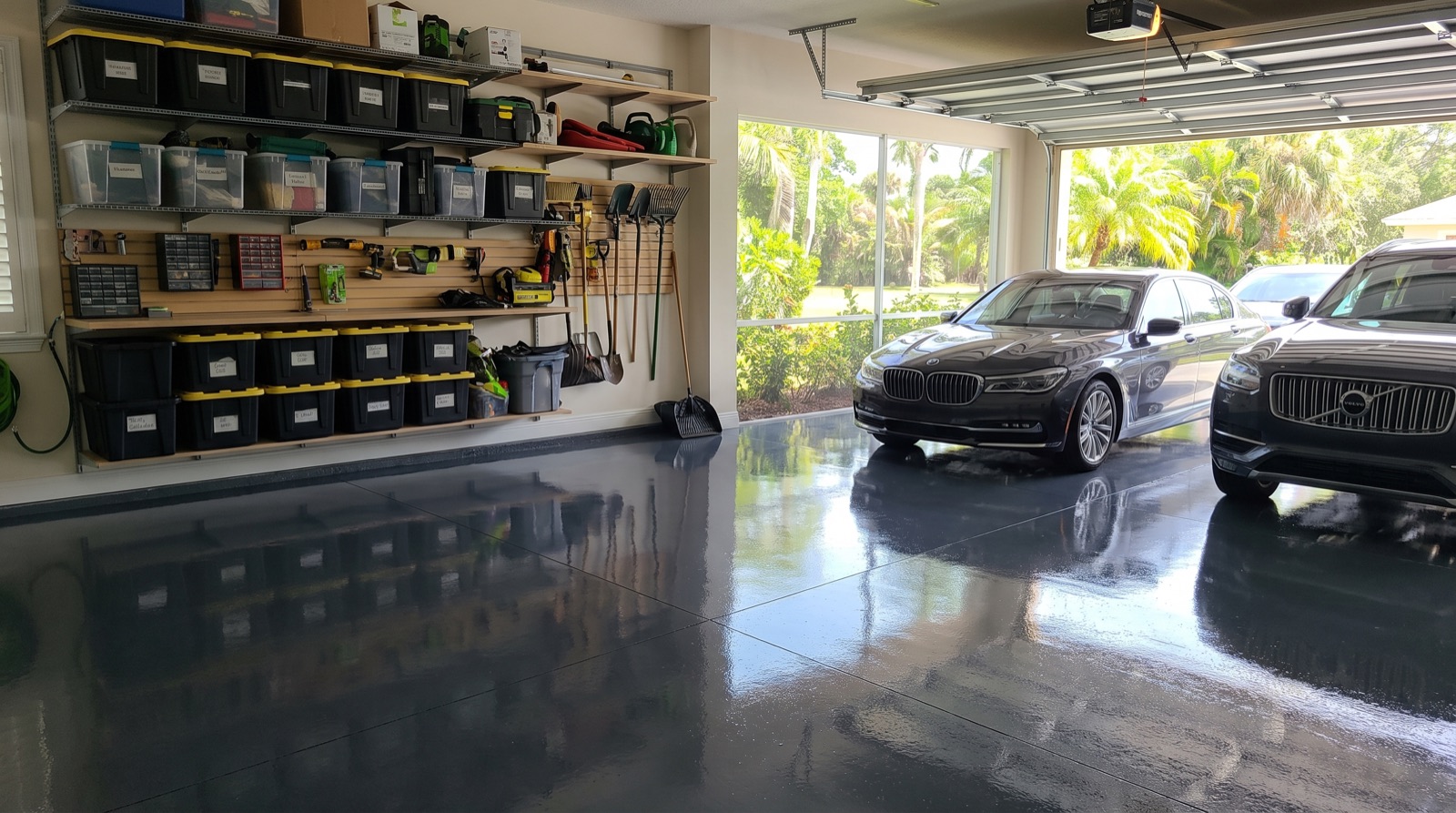 A finished two-car garage with a coated floor